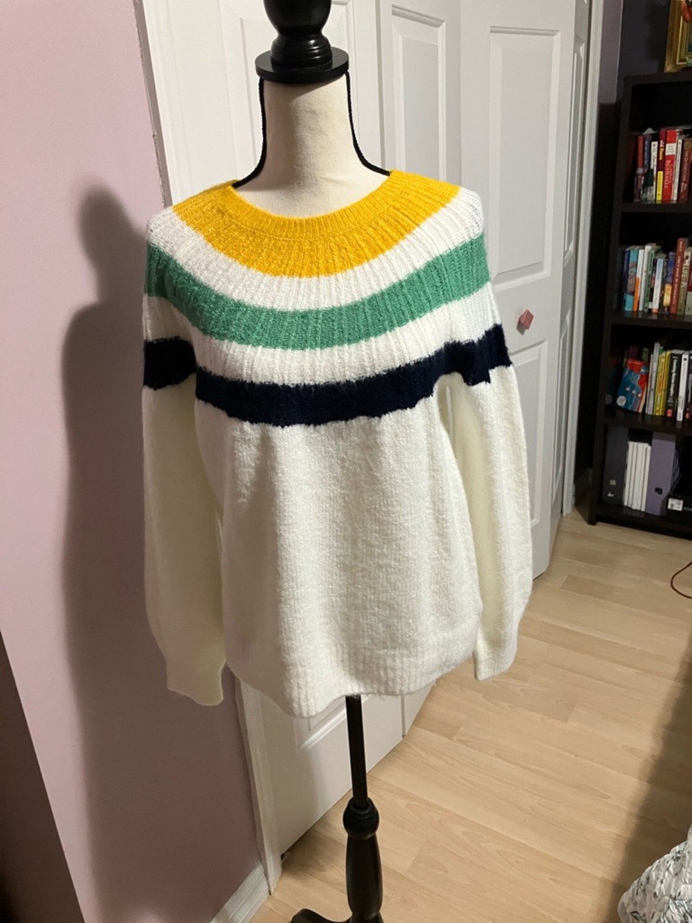 GAP Cream Crewneck Sweater with Yellow, Green & Navy Stripes